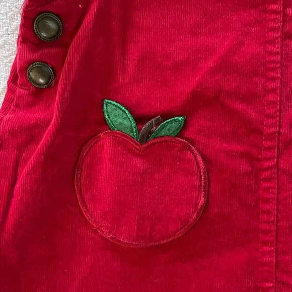 Max Studio Kids Red Corduroy Overalls Dress with Apple Accents - Picture 3 of 6